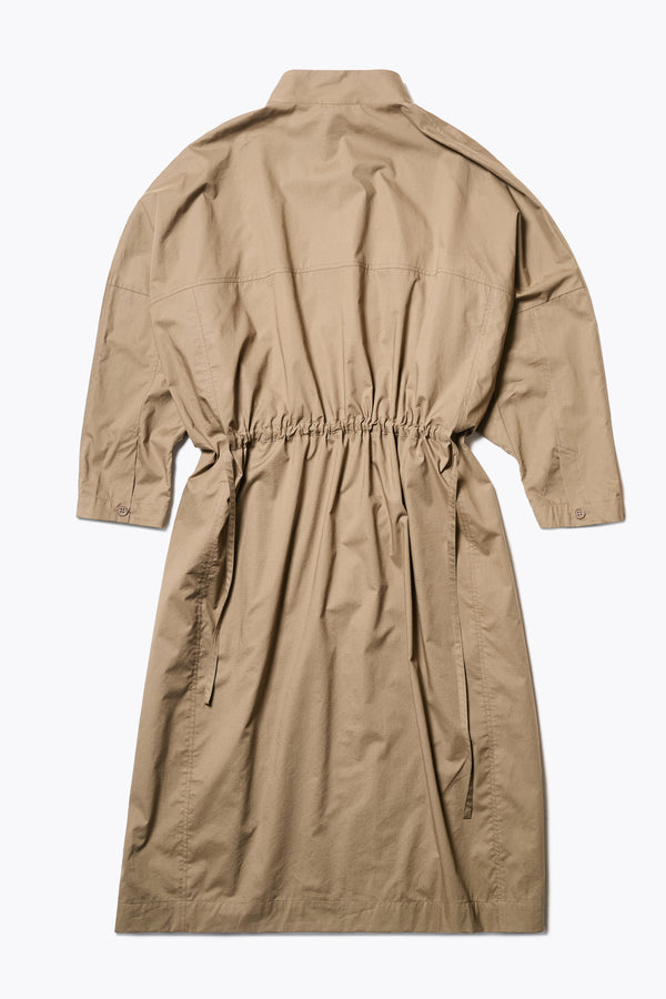 Flat back of the Olive Brown Iberia Dress, an oversized day dress with loose sleeves and underarm gusset detail, featuring adjustable ties at the front and back for a cinched waist or relaxed fit.