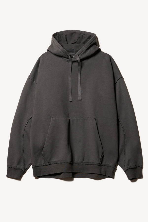 Flat front of relaxed-fit fleece hoodie in black with raw seams and blind-stitched finishing, inspired by classic sportswear silhouettes.