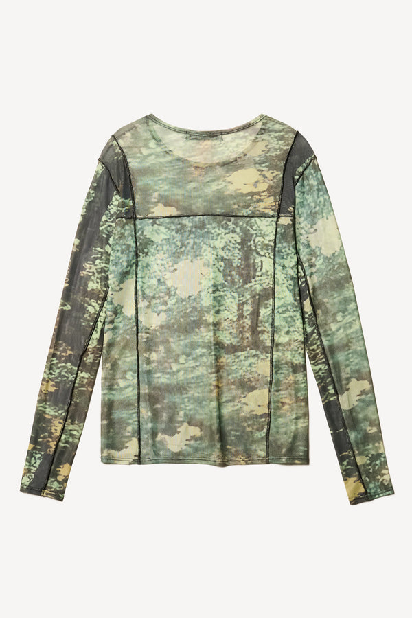 Flat back view of the Inlet Top in Real Tree green print, featuring a slim fit, semi-sheer mesh fabric, and black baby lock stitching.