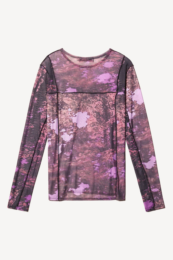 Flat BAck view of the Inlet Top in Real Tree purple print, featuring a slim fit, semi-sheer mesh fabric, and black baby lock stitching.