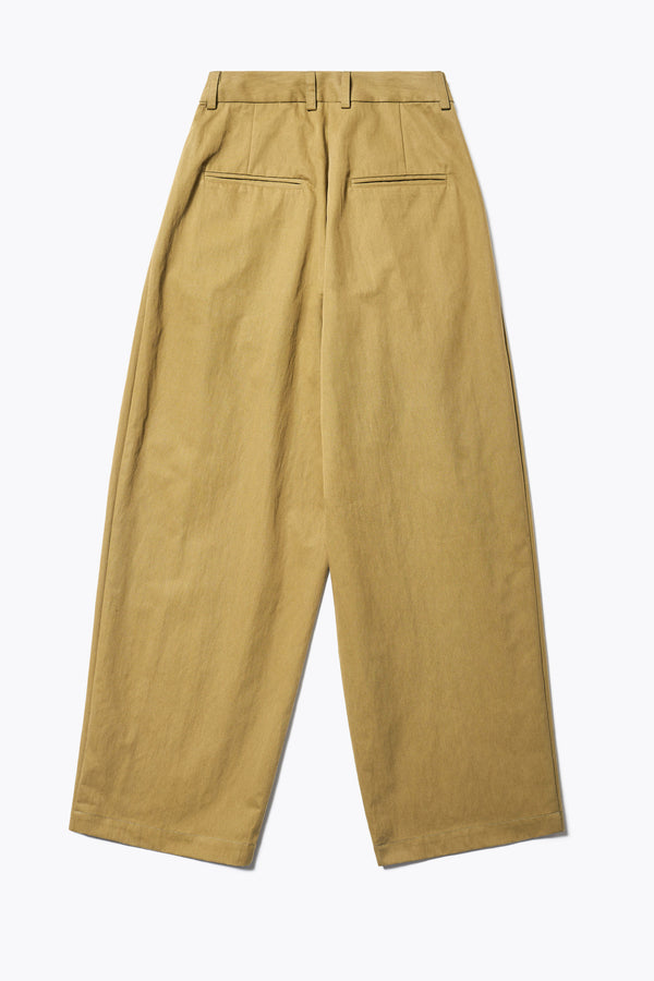 Back of The Interim Pant in Olive Brown, Tailored wide-leg in premium cotton with double-front pleats, side slant pockets, jet back pockets, and a hook-and-bar closure. Available in 6 sizes.