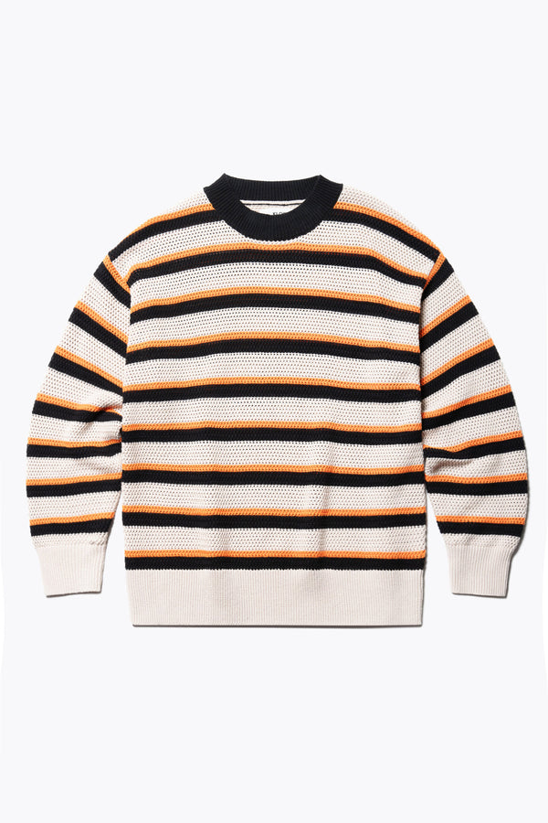 Flat Front of the Lakeside Sweater a Soft cotton crochet knit with bold stripes, featuring a classic crew neck and relaxed fit.