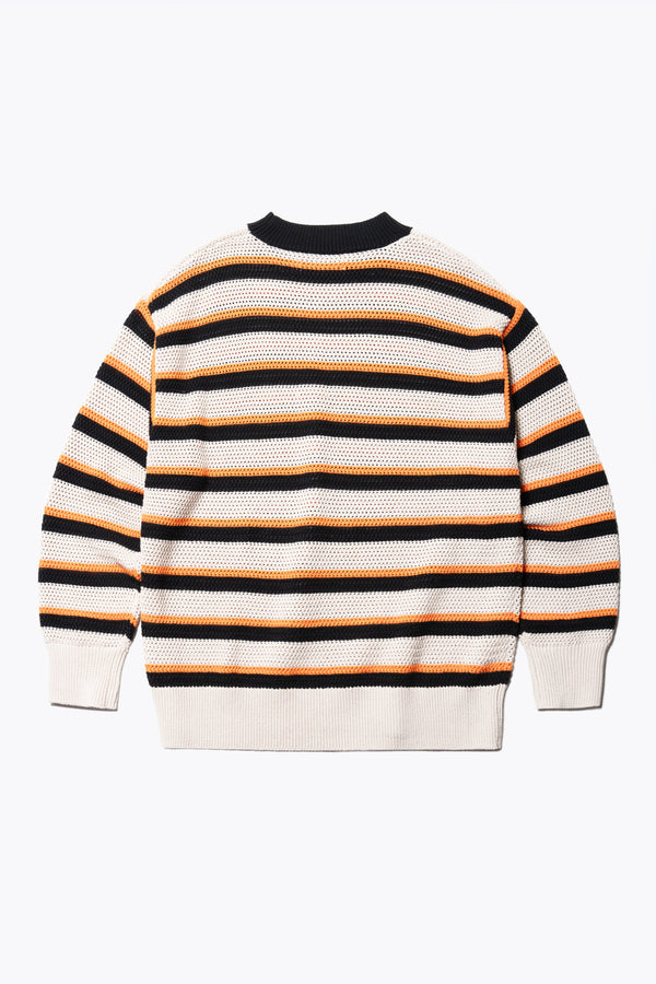 Flat Back of the Lakeside Sweater a Soft cotton crochet knit with bold stripes, featuring a classic crew neck and relaxed fit.