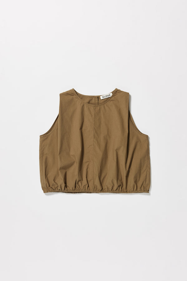 Flat front of the Lambent Top back view showing round neckline and keyhole button closure