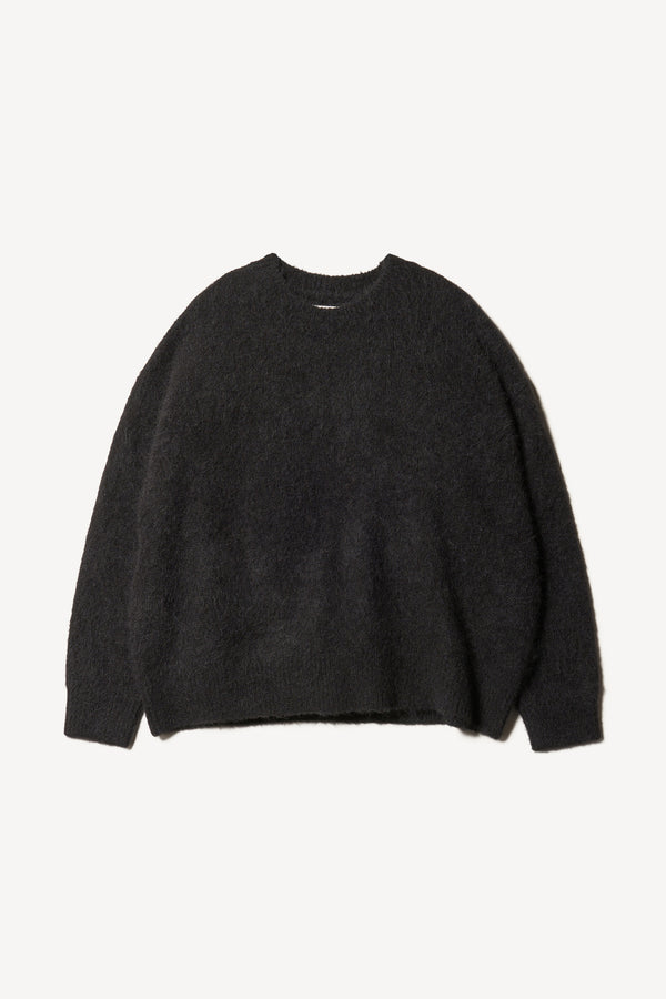 Flat Front view of alpaca blend Laurel Crew Neck Knit Sweater in black  