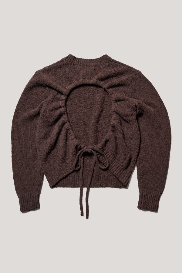 Flat Back of the brown Levity Tie Top with open back and adjustable tubular ties in soft cotton–nylon knit