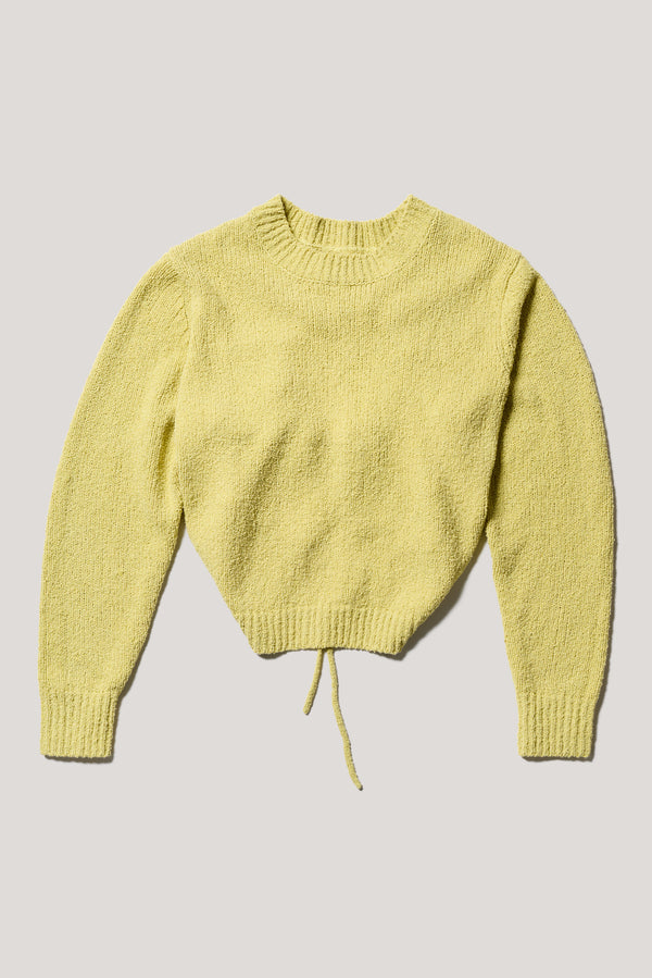 Flat Front of the yellow Levity Tie Top with open back and adjustable tubular ties in soft cotton–nylon knit
