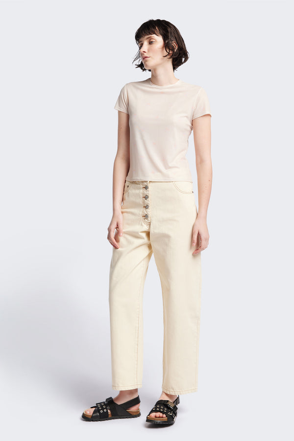 The Mica Short Sleeve Mesh Top in Floral Ecru, lightweight and soft with just the right amount of stretch. Available in 6 sizes