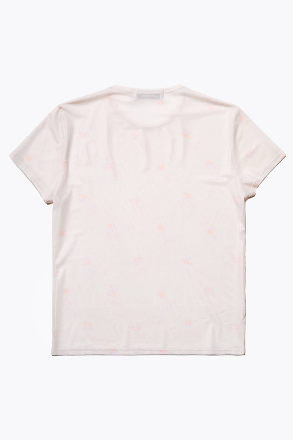 Back of the Mica Short Sleeve Mesh Top in Floral Ecru, lightweight and soft with just the right amount of stretch. Available in 6 sizes