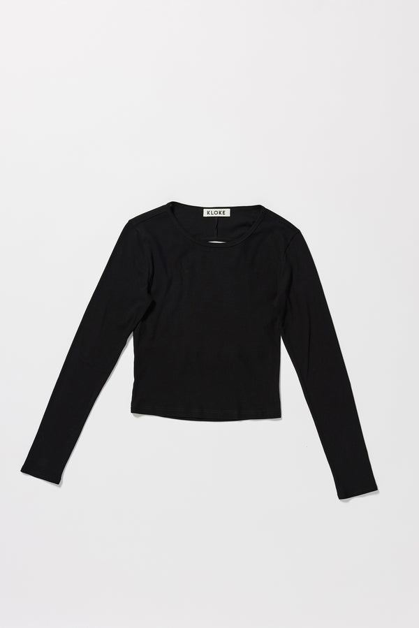 Flat front of the Mist Ballet Top in black, long sleeve silhouette.