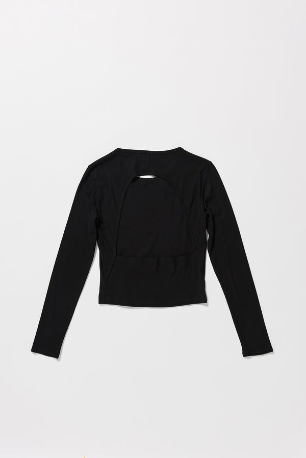 Flat back of the Mist Ballet Top in black, long sleeve silhouette.
