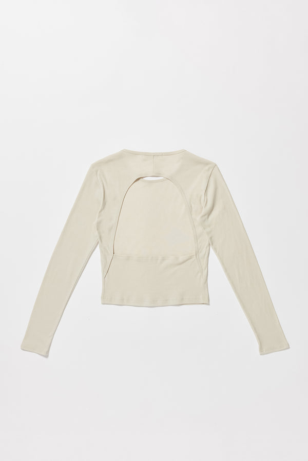 Flat back of the Mist Ballet Top in bone off white, long sleeve silhouette.