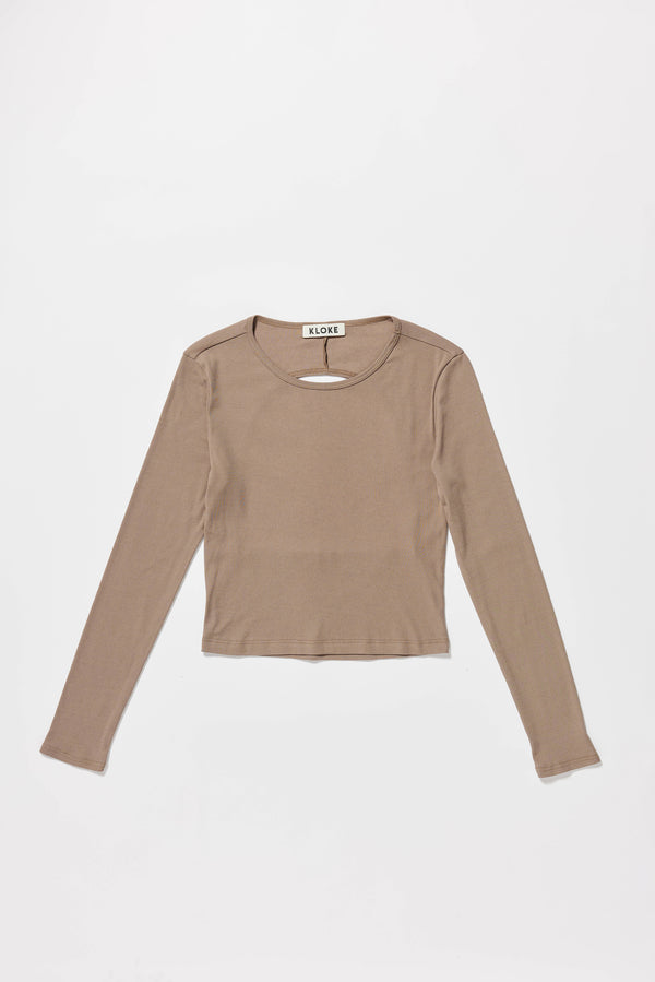 Flat Front of the Mist Ballet Top in fawn brown, long sleeve silhouette.