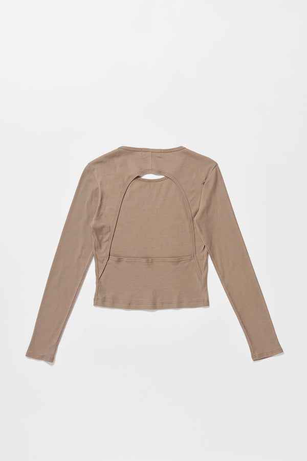 Flat Back of the Mist Ballet Top in fawn brown, long sleeve silhouette.