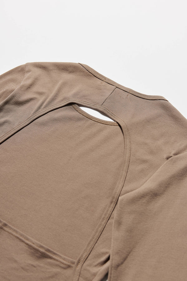 Close up fabric and detail shot of the Mist Ballet Top in fawn brown, highlighting the back opening detail