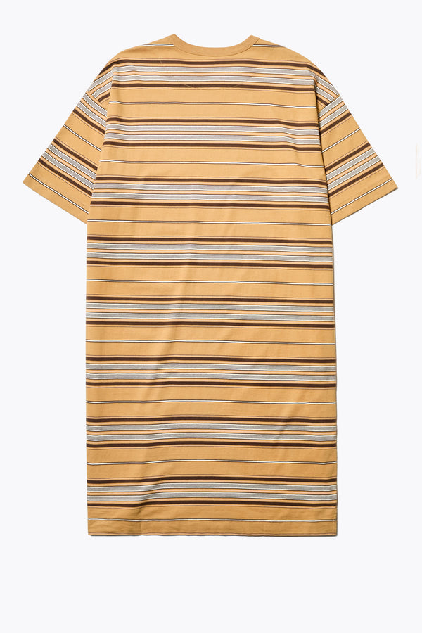Back of The Nadir Dress in tan stripe, a laid-back style made from pure cotton jersey. This knee-length dress features side-splits, dropped shoulder, and elbow-grazing sleeves. Available in 5 sizes. 