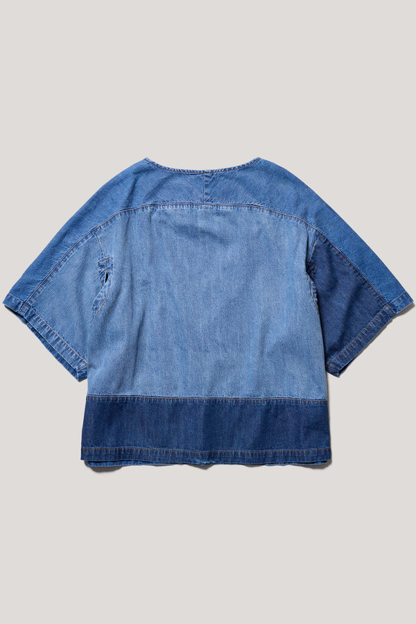 Flat Back of the Norton Top in Dark/Mid blue fade with Ecru tint denim, showing split underarm detail and engineered paneling 