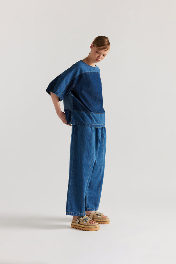 Front view of the Norton Top in Dark/Mid blue fade with Ecru tint denim, showing split underarm detail and round neck silhouette.