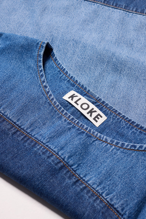 Close-up of the Dark Blue/Mid blue fade Norton Top  - highlighting the faded denim texture.