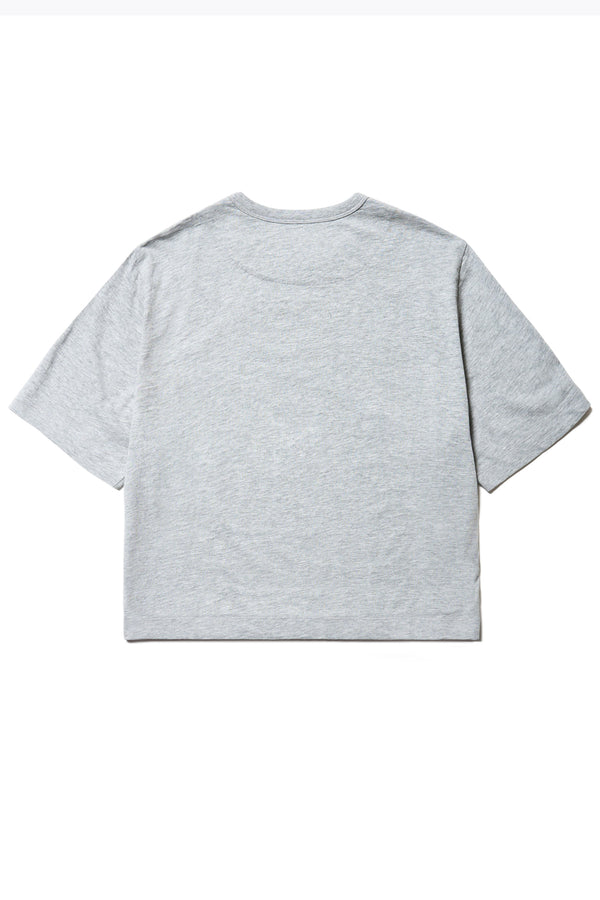 Back of the Obelisk Tee Grey, A boxy relaxed shape cut in a soft organic cotton jersey, with a thick 1 x 1 rib bound cover stitched neckline and straight hem. Available in 5 sizes.