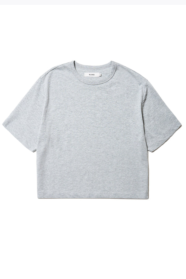 Obelisk Tee Grey, A boxy relaxed shape cut in a soft organic cotton jersey, with a thick 1 x 1 rib bound cover stitched neckline and straight hem. Available in 5 sizes.