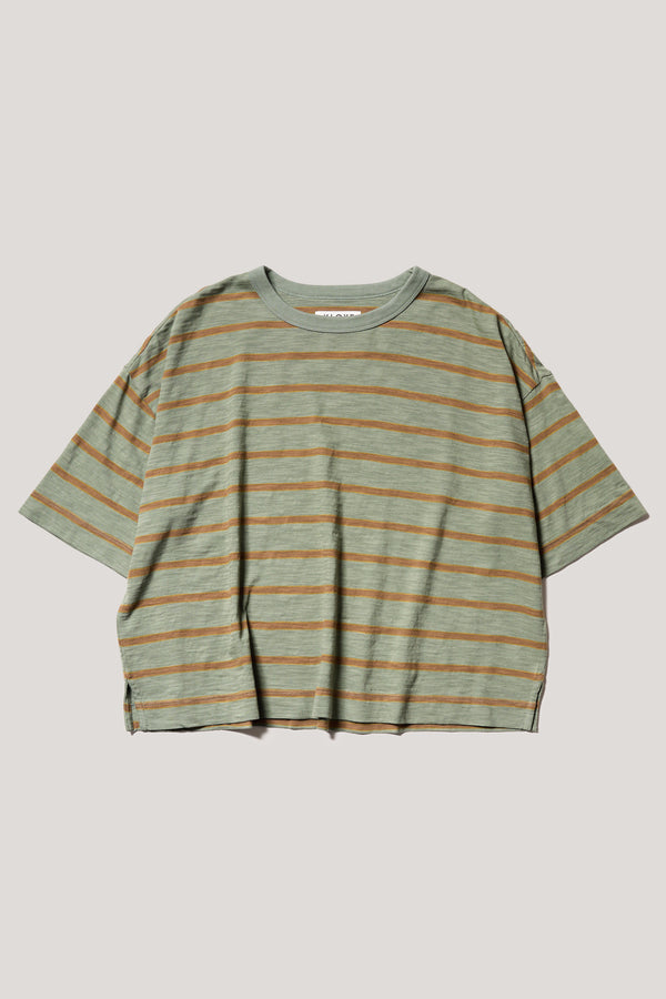 Flat front of the Olive/Tan stripe, Obelisk Feeder Stripe Tee in yarn-dyed slub cotton with relaxed boxy fit