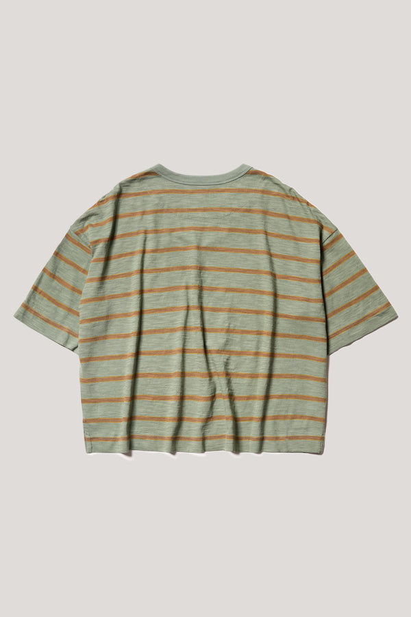 Flat back of the Olive/Tan stripe, Obelisk Feeder Stripe Tee in yarn-dyed slub cotton with relaxed boxy fit