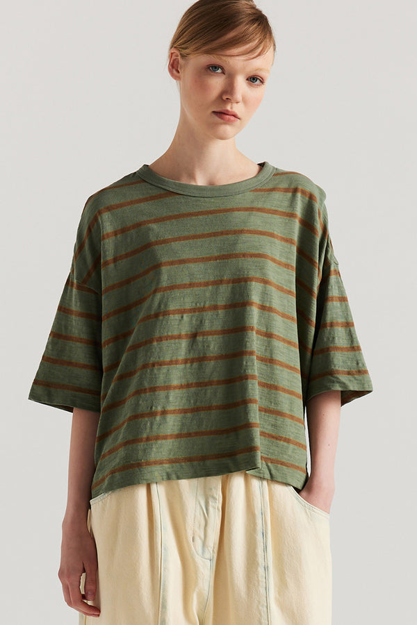 Obelisk Feeder Stripe Tee Olive/Tan Stripe