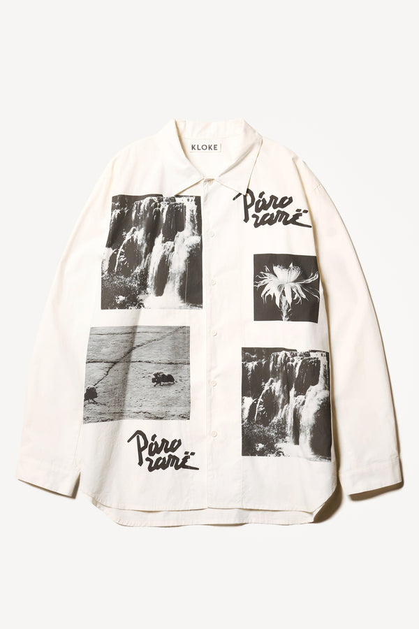 Flat Front of the Pano shirt, an off-white printed shirt with relaxed fit, structured collar, and vintage-photo placement print.