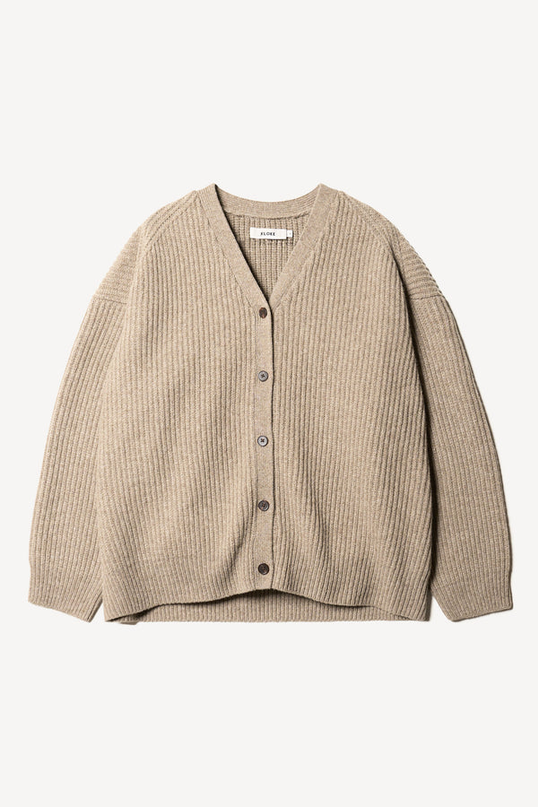 Flat front of the Pause oversized ribbed wool cardigan with button closure in light taupe