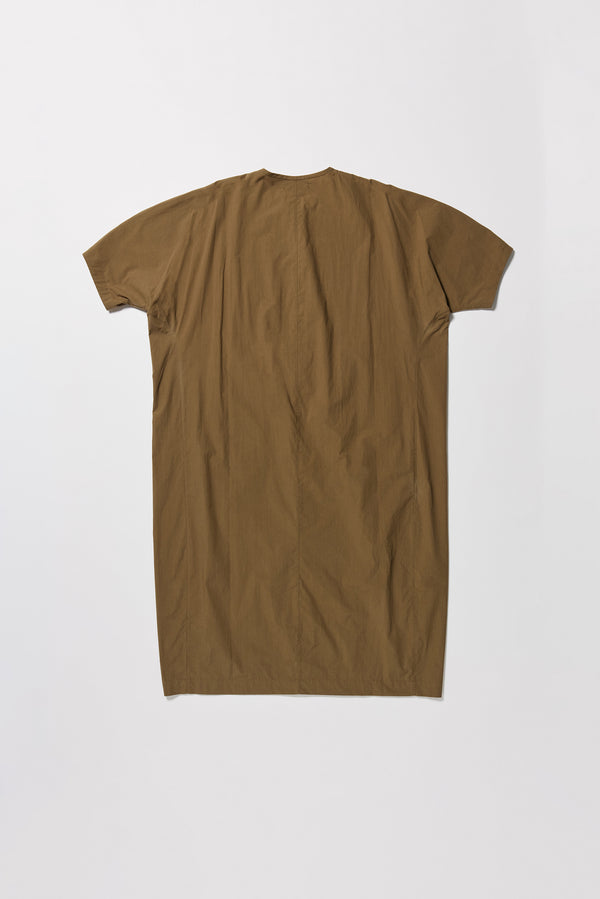 Flat back of the Olive Pensive Dress with black embroidered motifs and highlighting the encased self tie waist relaxed