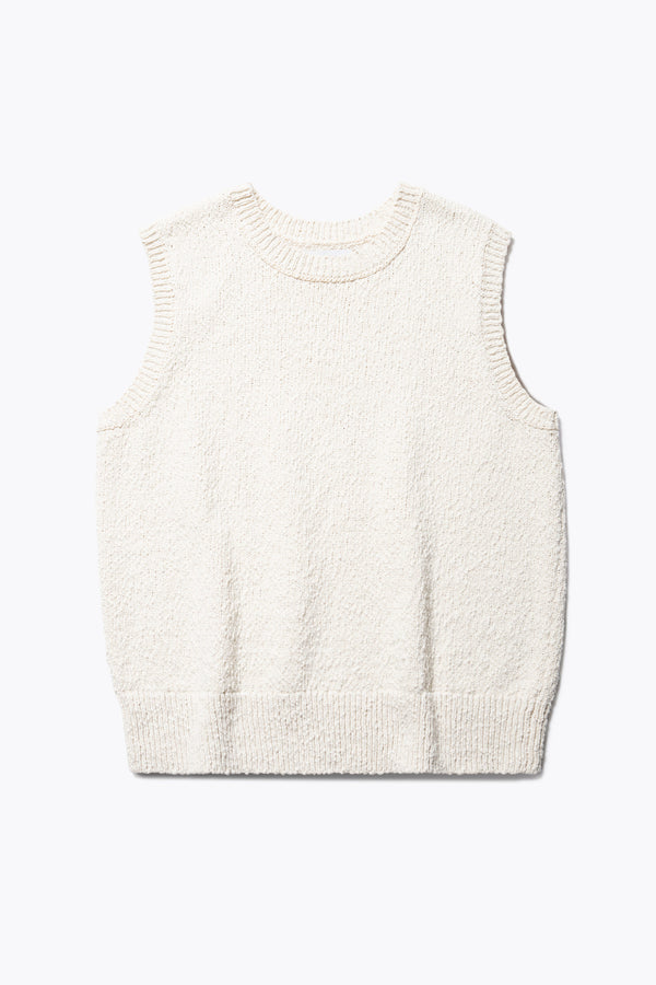 Flat Front of the ecru Sleeveless textured Picknicker knit vest in soft chunky cotton, featuring ribbed trim and a 5-gauge cotton slub knit construction.