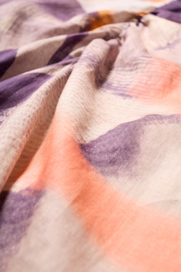 Close up detail of the Kloke Developed Print and th gathered centre front detail on the Psyche Top