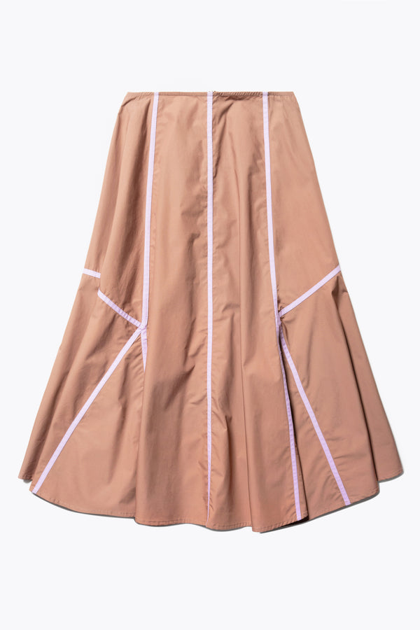 Flat front of the brown/lilac Regarder Bound Skirt in a lightweight cotton fabric, featuring a fuller silhouette with contrast bound seam details, midi length, and a back invisible zip closure.