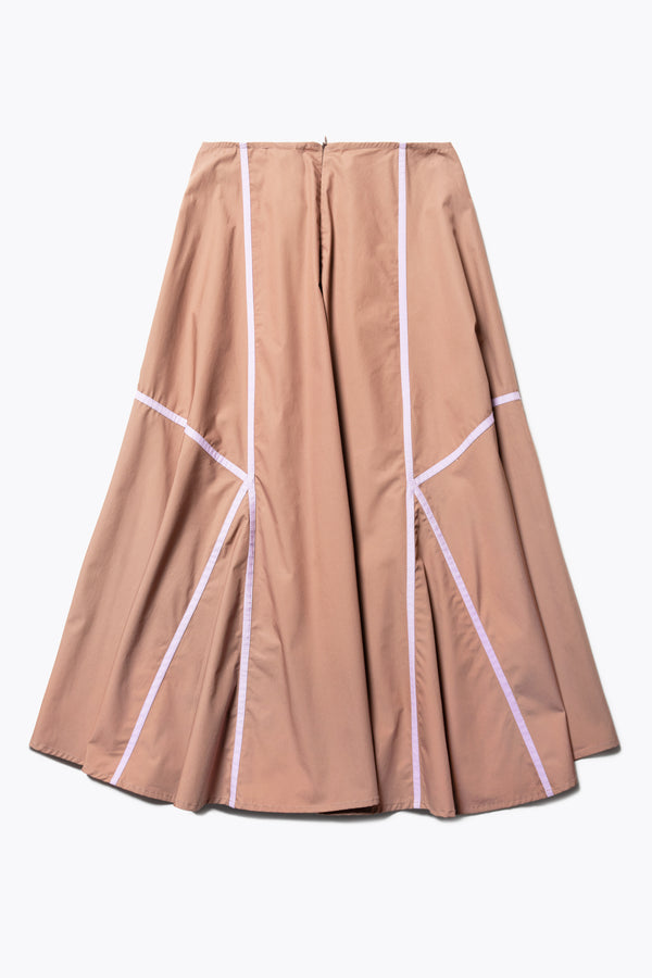 Flat back of the brown/lilac Regarder Bound Skirt in a lightweight cotton fabric, featuring a fuller silhouette with contrast bound seam details, midi length, and a back invisible zip closure.