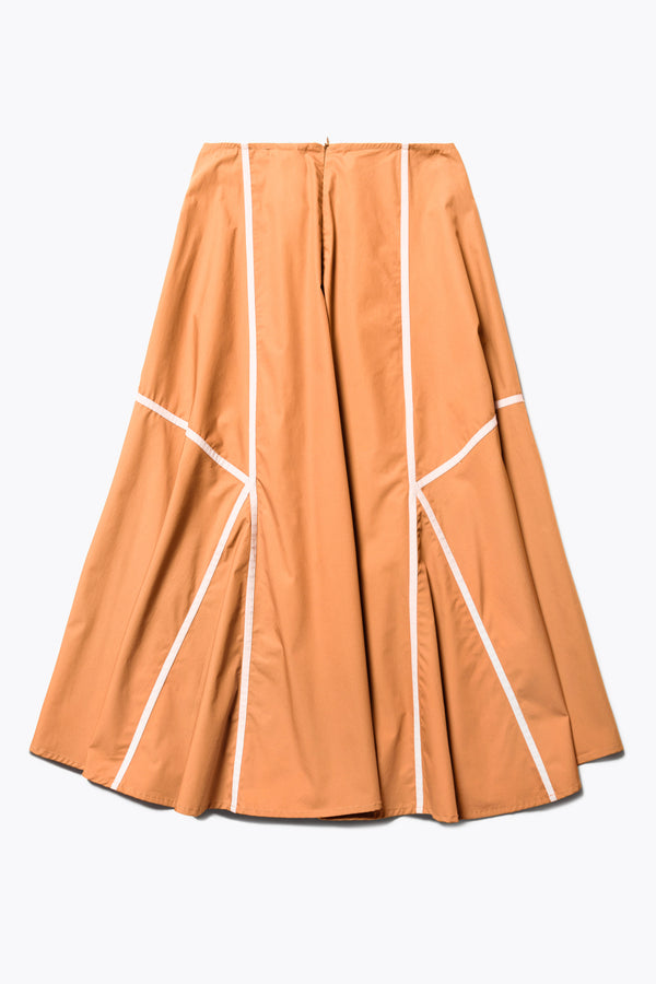 Flat back of the burnt orange/Ecru Regarder Bound Skirt in a lightweight cotton fabric, featuring a fuller silhouette with contrast bound seam details, midi length, and a back invisible zip closure.