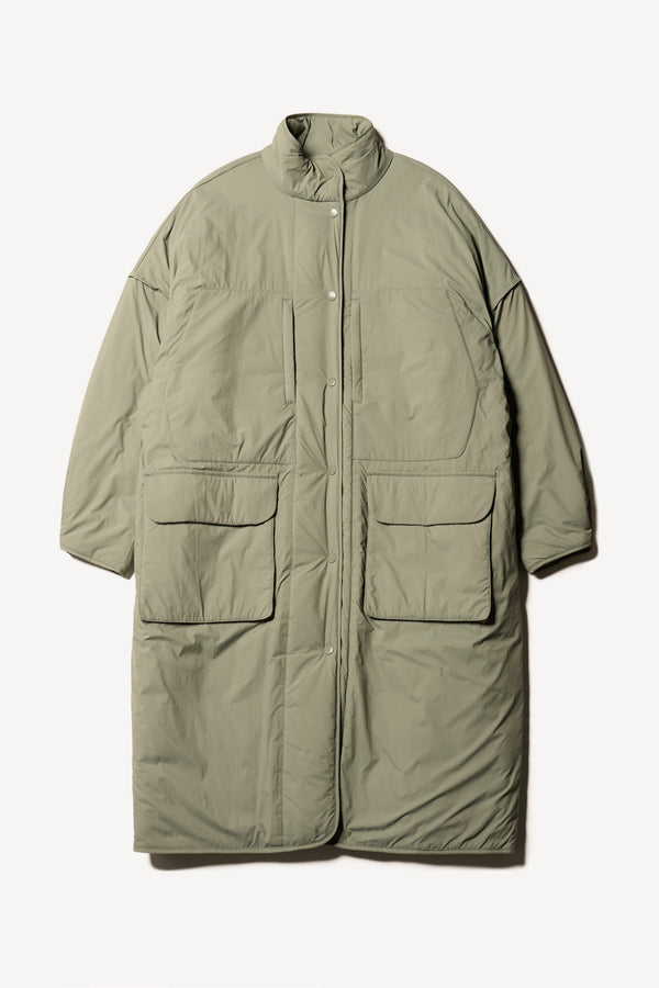 Flat front of the oversized Restore Coat in Dusty Olive Green, showcasing  relaxed silhouette and clean lines