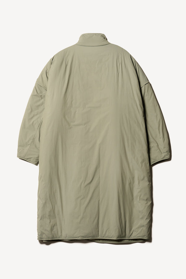 Flat back of the oversized Restore Coat in Dusty Olive Green, showcasing  relaxed silhouette and clean lines