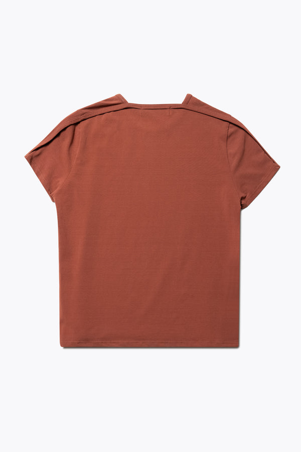 Flat Back view of the Ride Short Sleeve top in Brick. A crew neck jersey top in Japanese cotton stretch with cap sleeves.