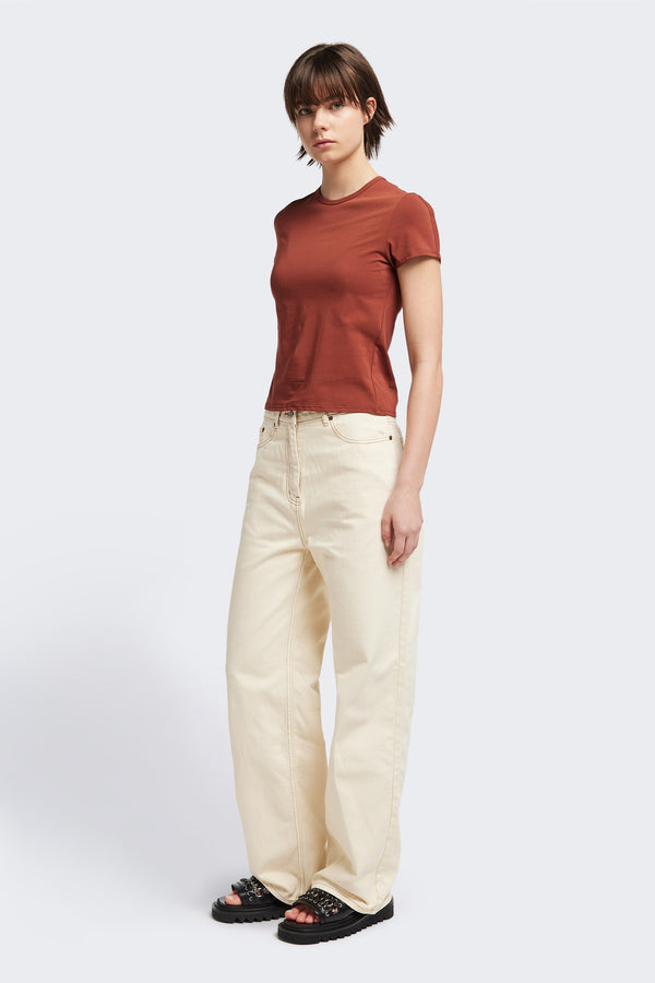 Front view of the Ride Short Sleeve top in Brick. A crew neck jersey top in Japanese cotton stretch with cap sleeves.