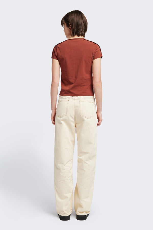 Back view of the Ride Short Sleeve top in Brick. A crew neck jersey top in Japanese cotton stretch with cap sleeves.