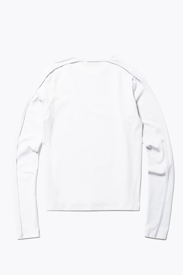 Flat back view of the Seclude long sleeve top in ice blue. A Slim-fit crew neck top in soft cotton stretch, featuring an exposed bound seam curving across the back and sleeves.