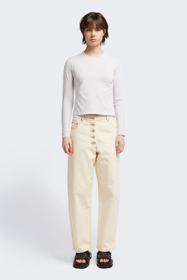 Front view of the Seclude long sleeve top in ice blue. A Slim-fit crew neck top in soft cotton stretch, featuring an exposed bound seam curving across the back and sleeves.