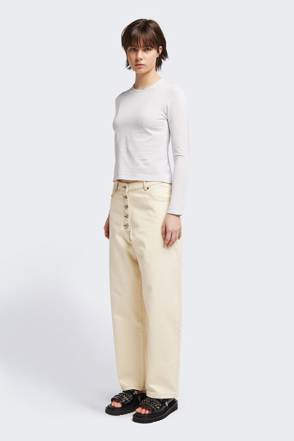 Front view of the Seclude long sleeve top in ice blue. A Slim-fit crew neck top in soft cotton stretch, featuring an exposed bound seam curving across the back and sleeves.