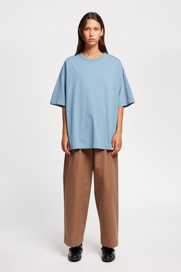 Front of Model wearing Seleno pants in clay brown with a relaxed, tapered leg and pleat detailing, styled with Monolith Tee in Blue.