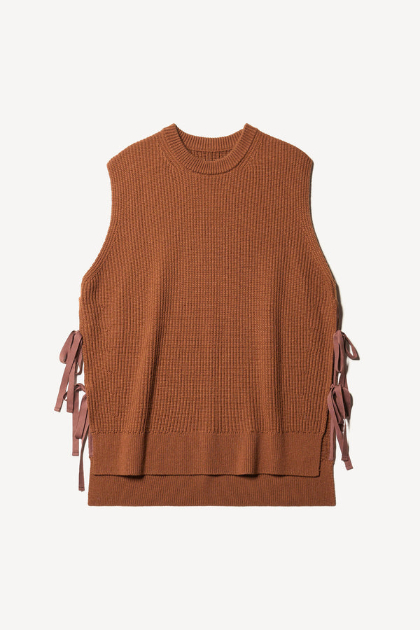 Flat Front view of toffee brown sleeveless ribbed knit vest with side ties in merino and cotton blend