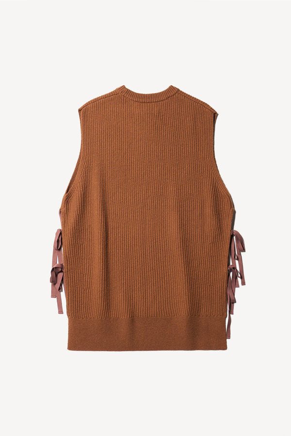Flat Back view of toffee brown sleeveless ribbed knit vest with side ties in merino and cotton blend