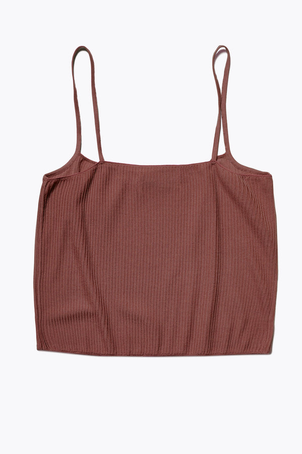 Back of the Sial Knit Cami in cocoa ribbed fabric, featuring a slim fit, round scoop neckline, and square back. The hemline sits just at the waistband, styled with a skirt or pants. Available in 5 sizes. 