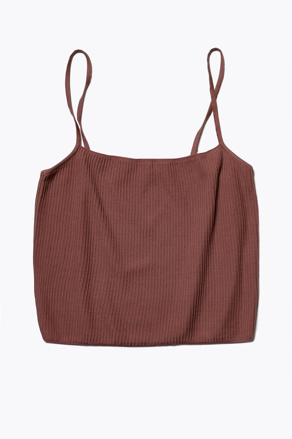 Sial Knit Cami in cocoa ribbed fabric, featuring a slim fit, round scoop neckline, and square back. The hemline sits just at the waistband, styled with a skirt or pants. Available in 5 sizes. 