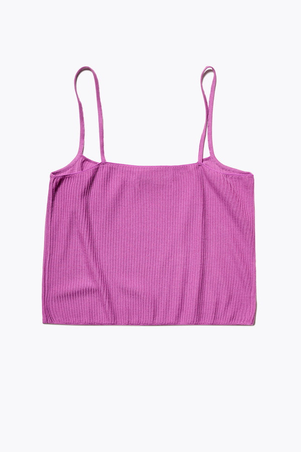 Back of the Sial Knit Cami in fuschia ribbed fabric, featuring a slim fit, round scoop neckline, and square back. The hemline sits just at the waistband, styled with a skirt or pants. Available in 5 sizes. 